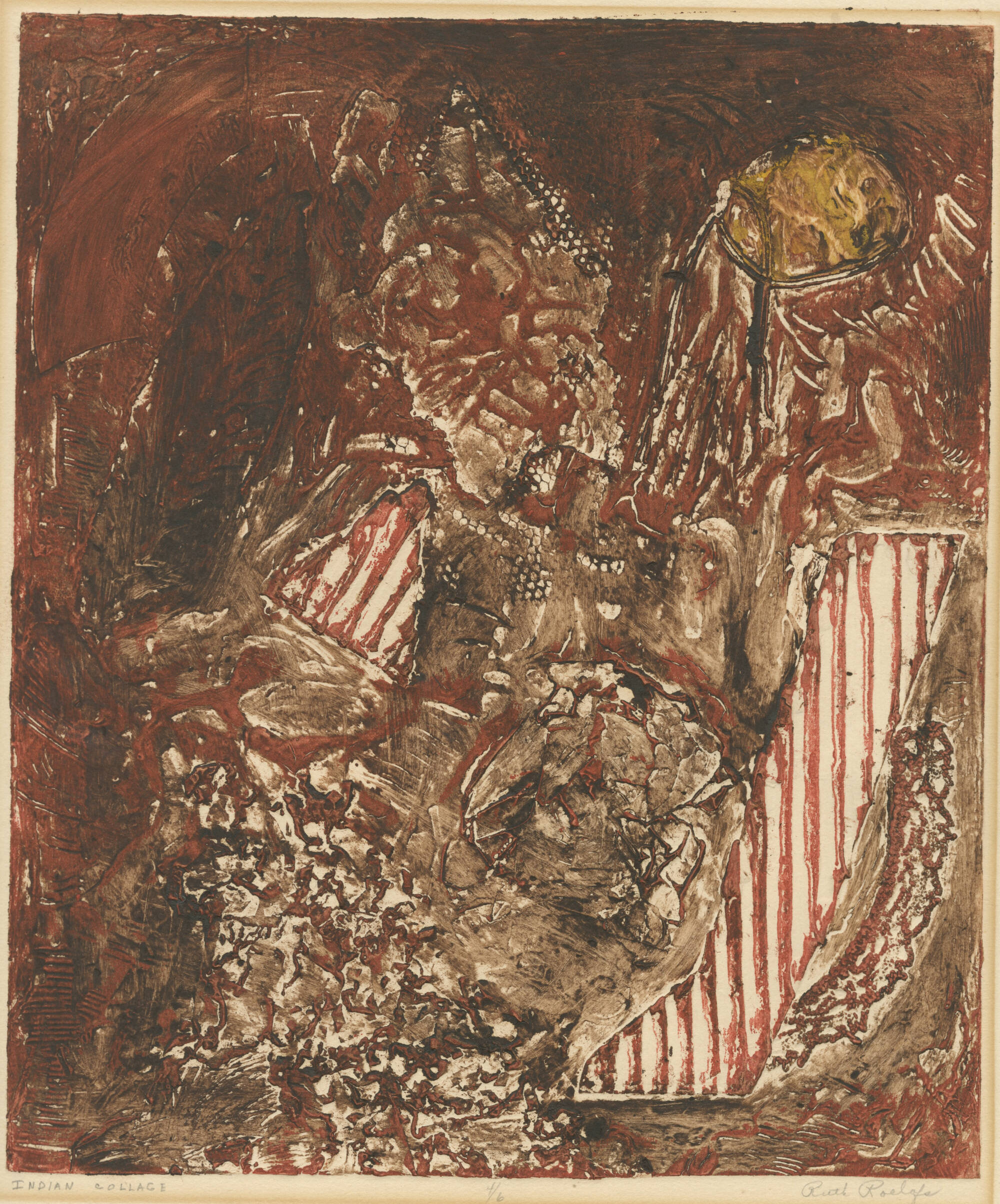 Abstract print in shades of dark brown and red with many different textures.
